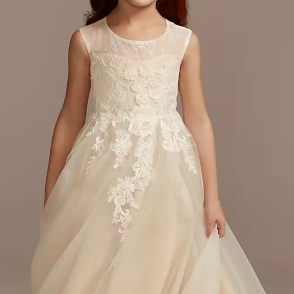David’s Bridal WG1411 Illusion Tulle Flower Girl Dress Size 2 Ivory/Champagne